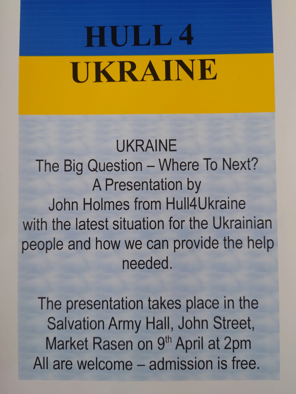 Learn about Ukraine and how you can help. 01/04/2025 2 pm at the Salvation Army.